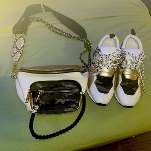 Steve Madden Gym Shoes, matching Fanny pack snake print, gold glitter, fatigue